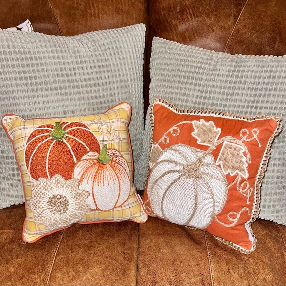 Autumn Hill Fall/Festive Pumpkin Decorative Pillow Set (2) 14”x14” Hemp trim BYO - Picture 2 of 11